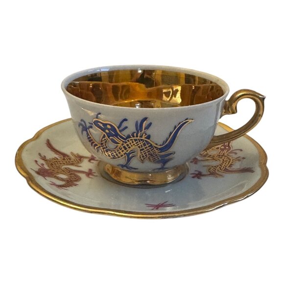 VNTG  Japanese Dragon Teacup Set 4Pc Gold Gilded Porcelain Collectible Decor - Picture 2 of 10
